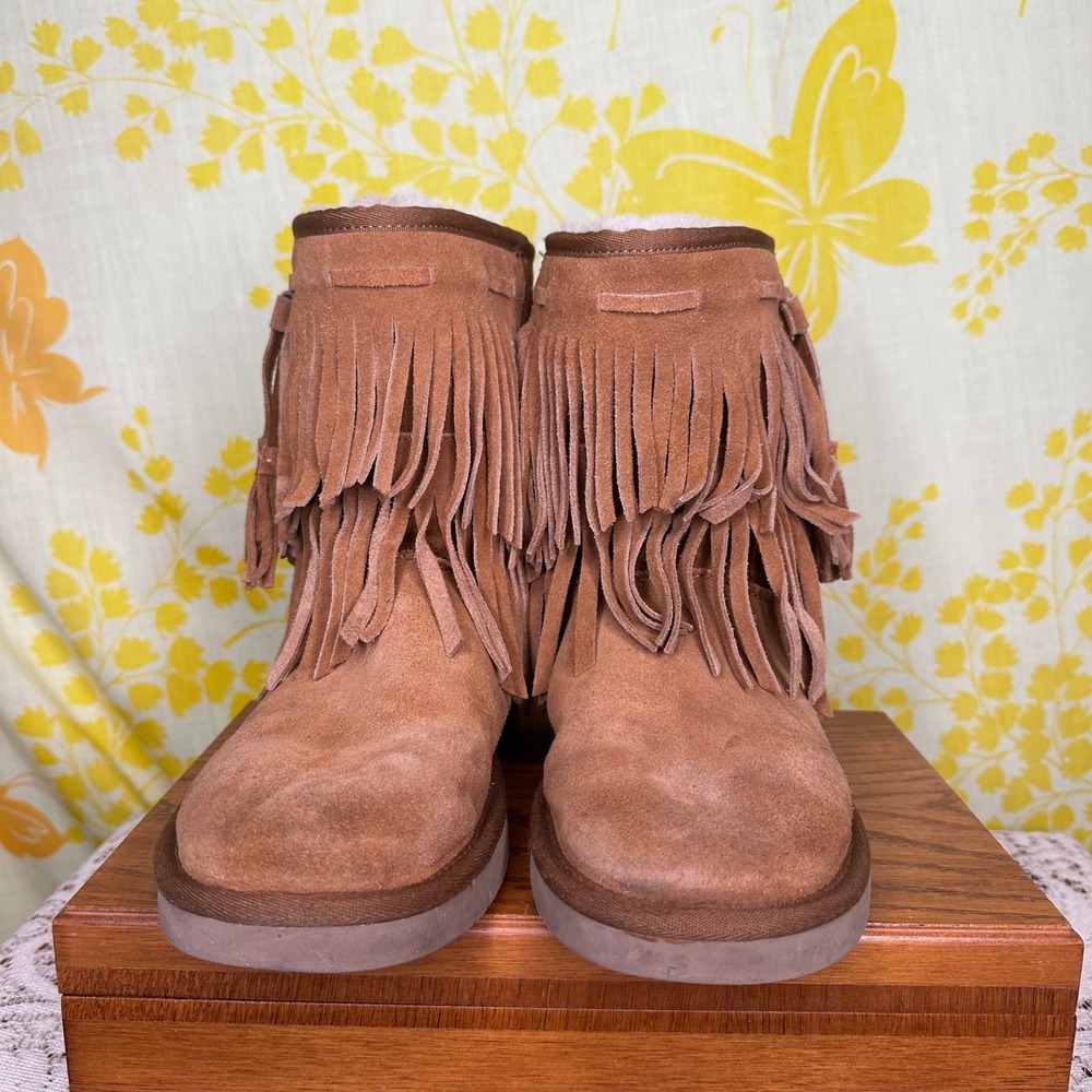Koolaburra by UGG Haley Fringe Suede Boots Chestnut Brown 1015897 Womens 8